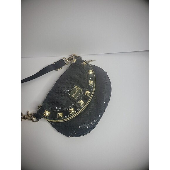 Vintage Betseyville Betsey johnson Purse Shoulder Black Gold Sequin Fold Over - Picture 4 of 15